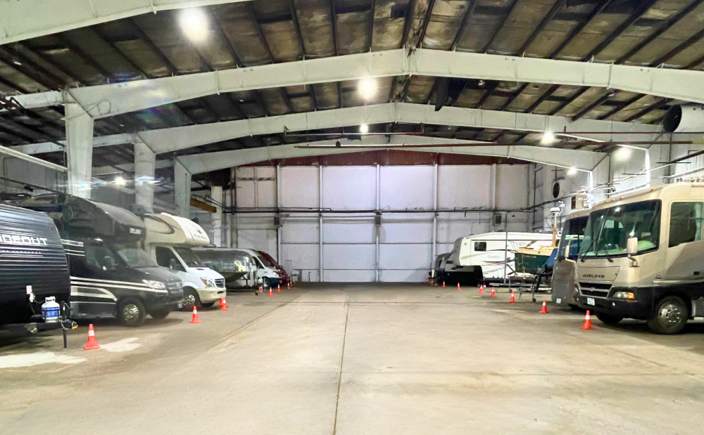 Indoor RV parking storage at Old Foundry Storage, North 8th Street, Fairfield, IA 52556, ideal for large vehicles.
